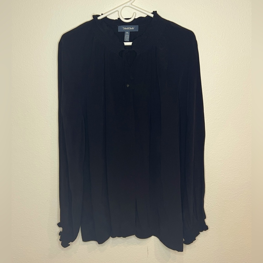 Super cute Cottagecore black tie-neck blouse by Modcloth